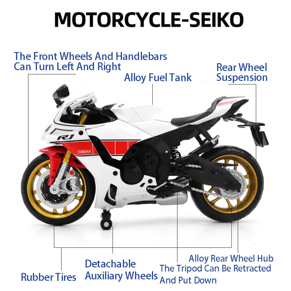 1:12 Yamaha Toy Motors YZF-R1M Alloy Diecasts Motorcycle Models With Shock Absorption Front Wheel Steering Toys For Kids' Gifts