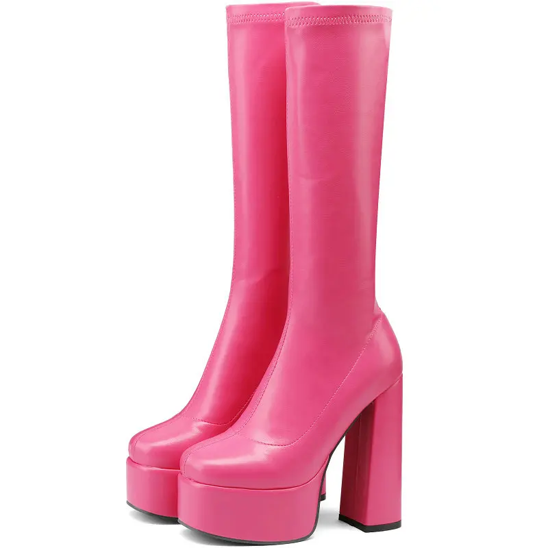 

Chic Fashion Runway Ladies Pumps Winter Autumn Green Pink Shoes Platform Super Block High Heels Mid-calf Stretch Boots For Women