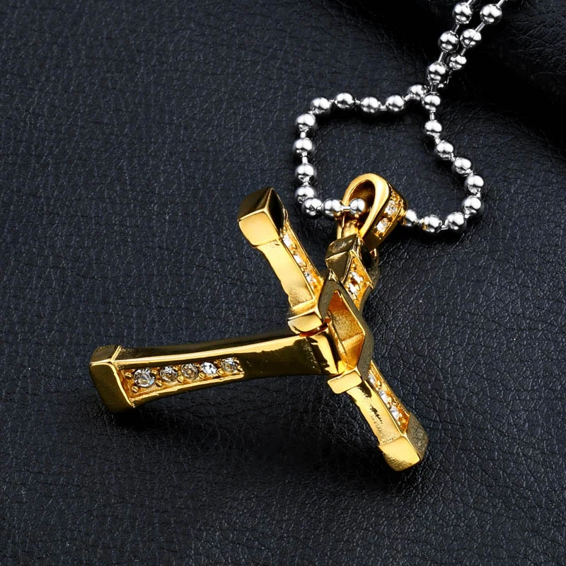 Copper-plated gold steel warrior Fast and Furious Cross Pendant Titanium Steel Diamond Necklace Wholesale