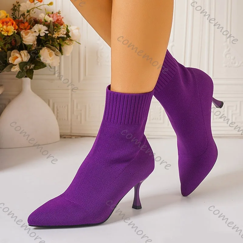 Comemore Women Elastic Sock Boots Autumn Winter Stiletto High Heels Knitted Ankle Boots Woman Slip-On Pointed Toe Heeled Botines