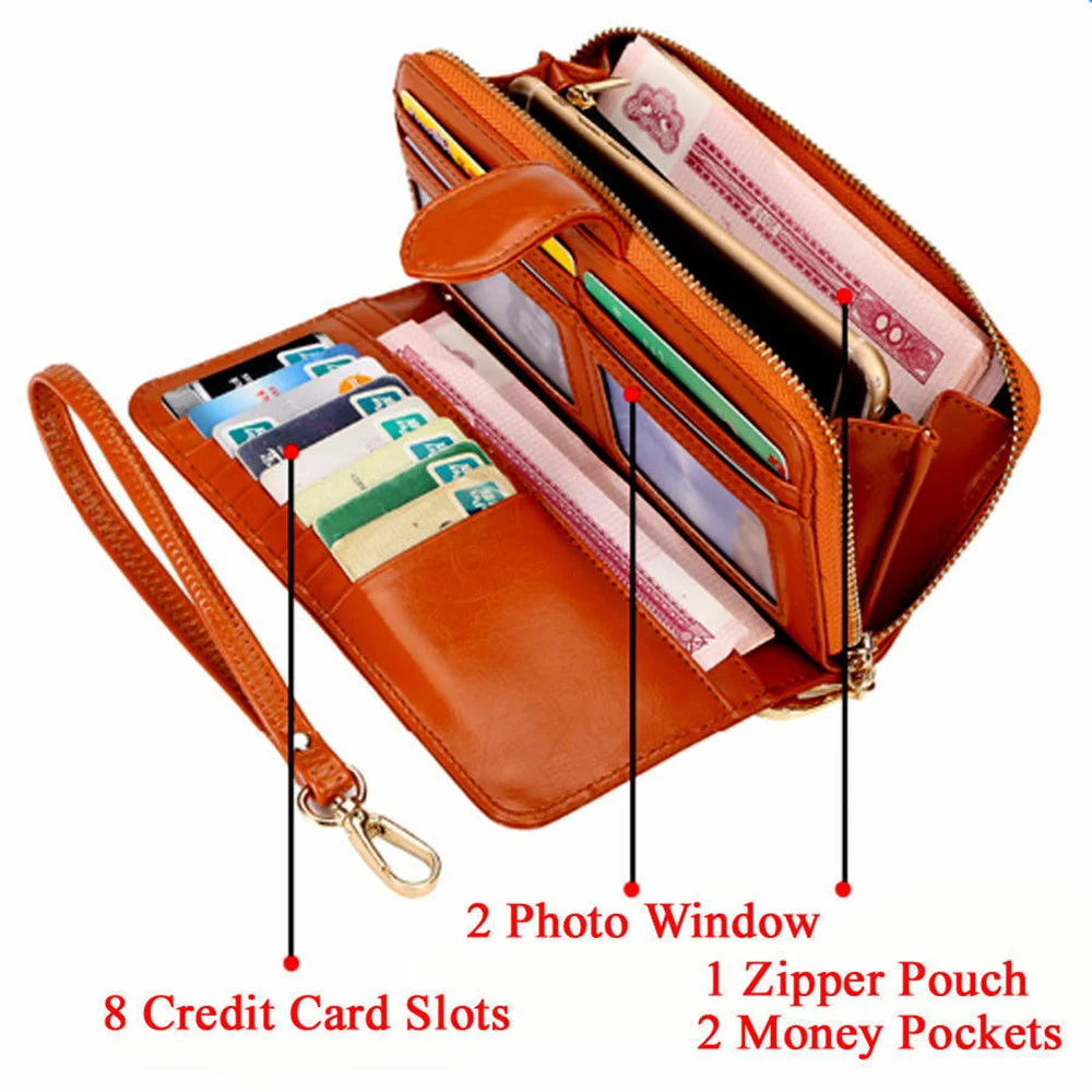 Women Long Wallet Oil Wax Leather Coin Purse Handbag Retro Large Capacity Phone Pouch Card Holder Clutch Zipper Buckle Money Bag