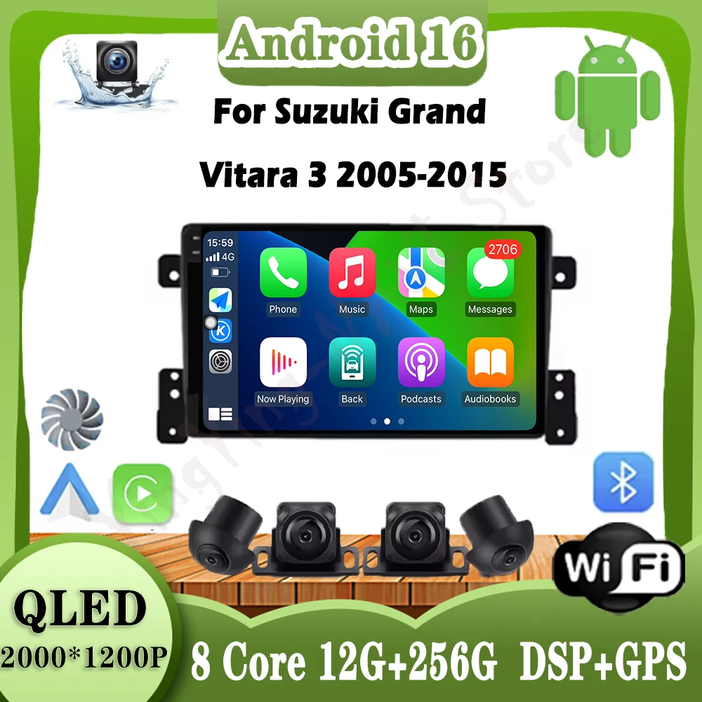 

9 lnch For Suzuki Grand Vitara 3 2005-2015 Wireless Carplay Android 16 car Multimedia Player Accessories 4G WIFI QLED Screen
