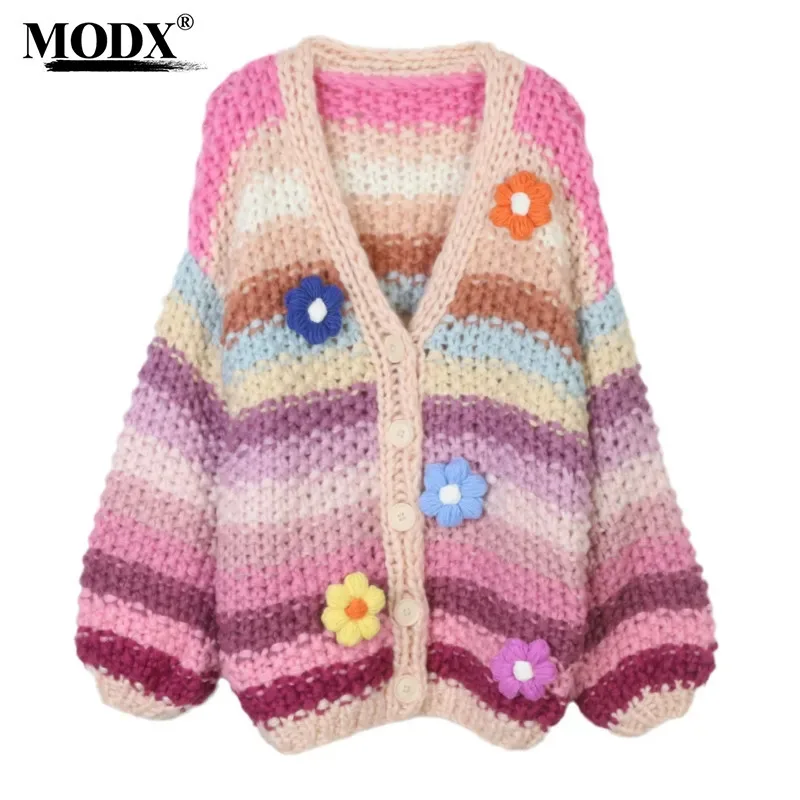 [MODX] Autumn Winter New Style Pure Handmade Rainbow Striped Contrasting Flower Sweater Jacket Women's Sweater