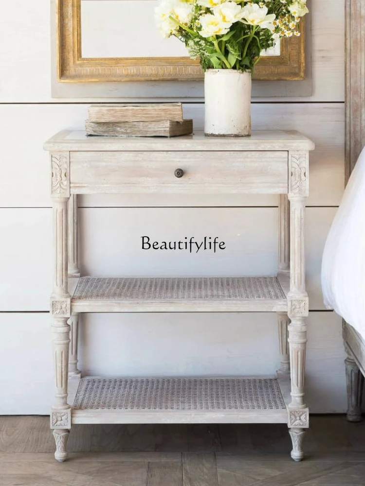 

01 French retro bedside table solid wood carving flower American country rattan art living room storage side table