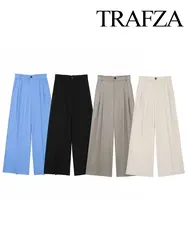 TRAFZA Women's Office Commuting Suit Pant Retro High Waist Zipper Women's Pleated Pocket Decorated Wide Leg Pant Summer Clothing