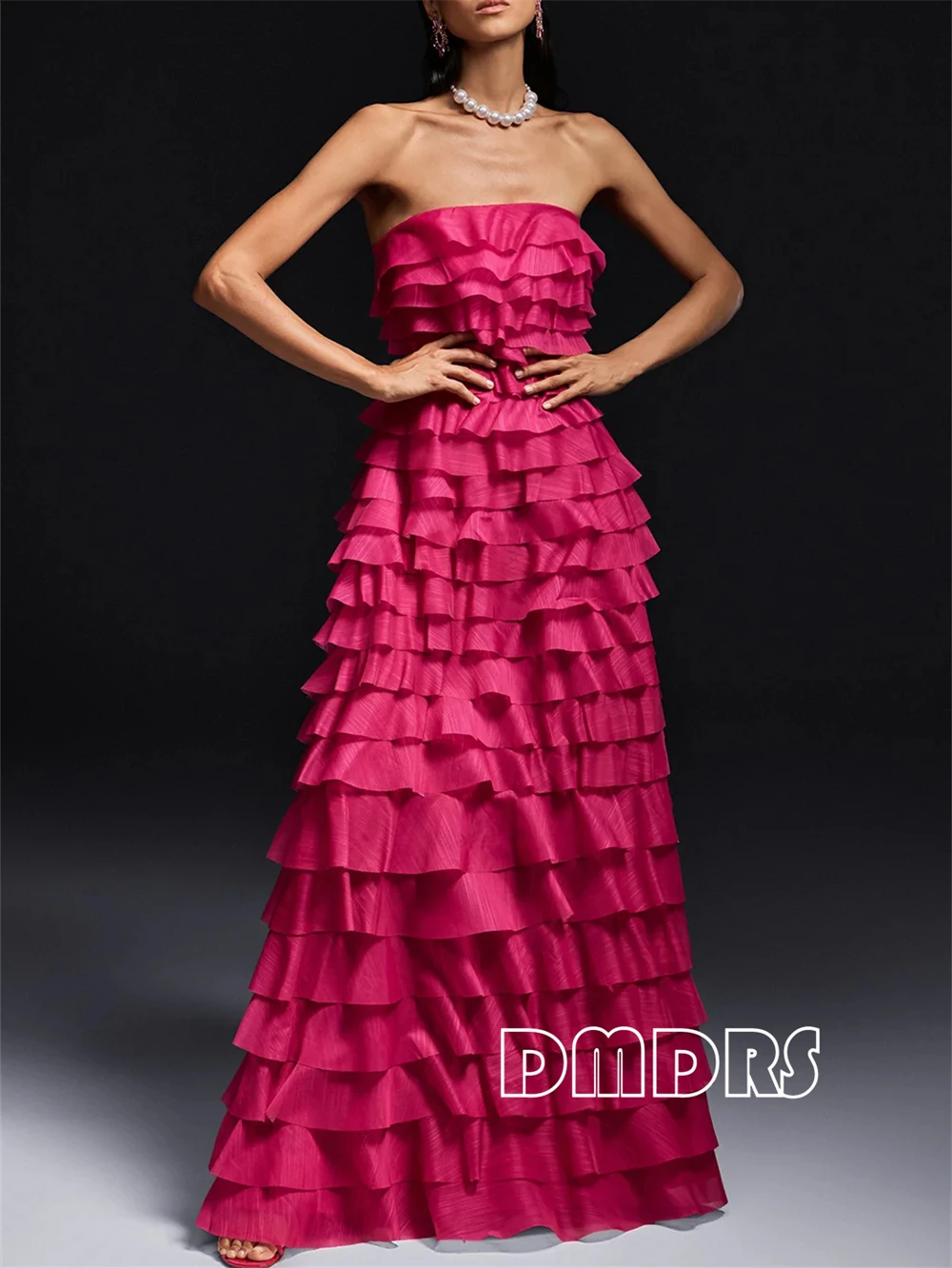 DMDRS - Strapless Ruffle Tiered Maxi Dress for Formal Occasions like Wedding Party, Prom, Evenning Dinner Birthday Emgagement