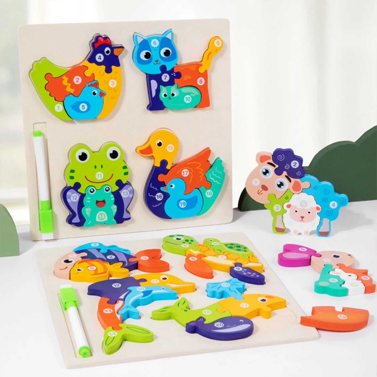 TUNJILOadvocate-Puzzle en bois 2 en 1 pour enfants, dessin d'animaux, tableau d'écriture, jouets éducatifs d'apprentissage, cadeau pour enfants, Montessori