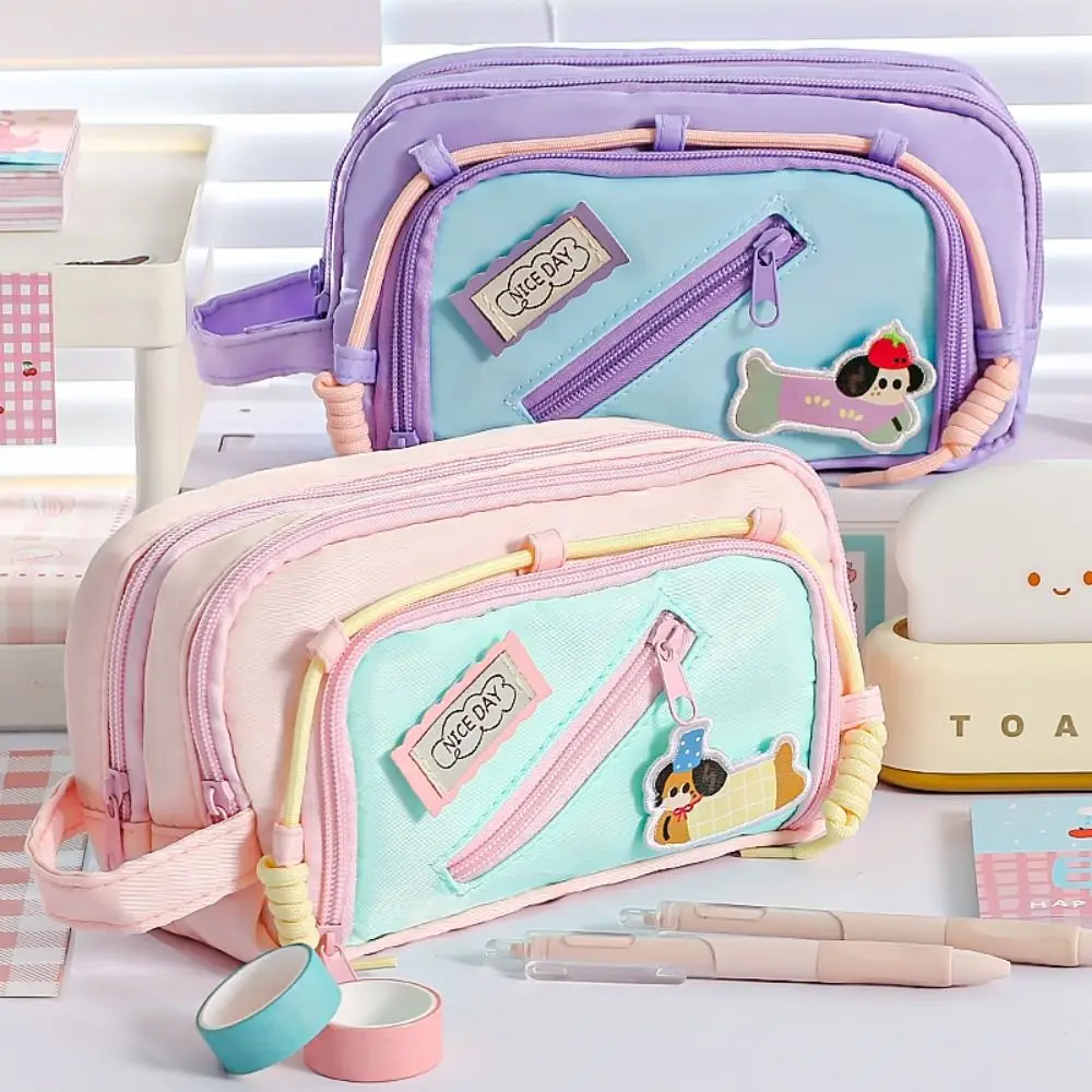 

New Contrast Color Pen Bag Dachshund Four-Layer Stationery Bag Large Capacity Handheld Stationery Organizer Gift
