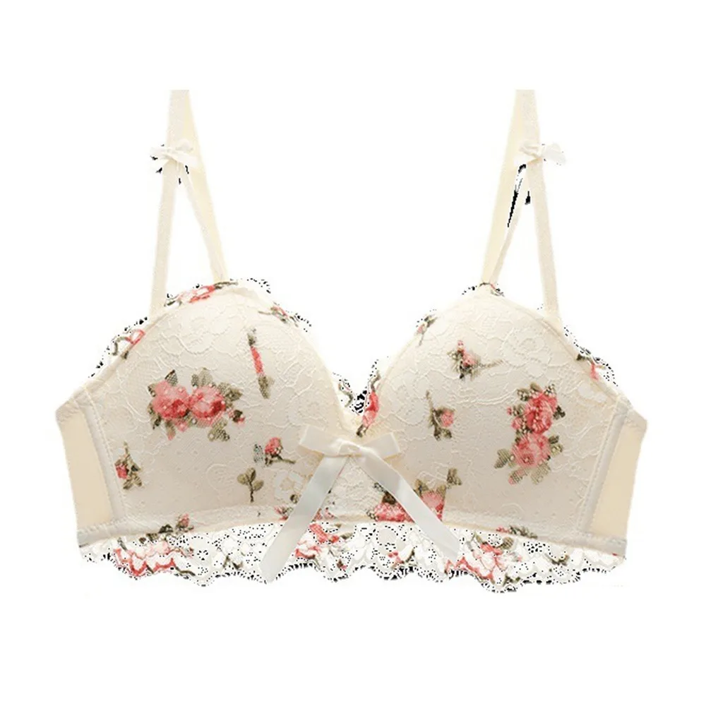 Adjustable Steel Ring Bra Floral Print Seamless Wireless Bra Anti-Sagging Sexy Lace Push Up Bra Side Breast Collection