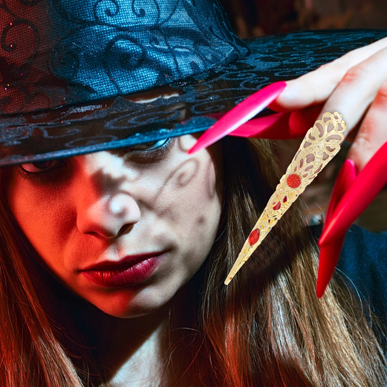 

10Pcs Golden Rhinestones Finger Nail Rings Long Fake Nail Tips Queen Costume Accessories for Belly Dance Halloween Cosplay