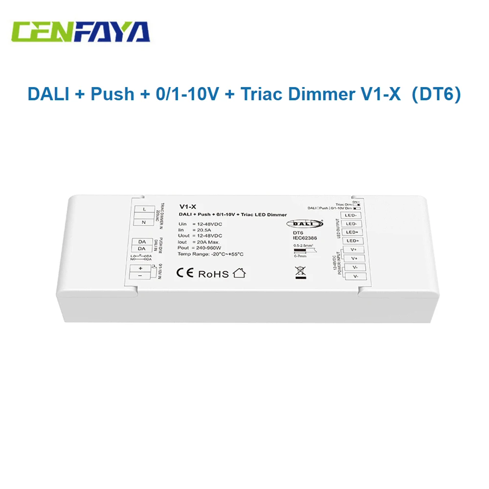 DALI Push 0/1-10V Triac LED Dimmer V1-X DC 12V 24V 36V 48V 1CH 20A DT6 Multifunction 4 in 1 Dimming For Single Color LED Strip