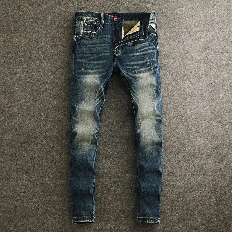 

Дизайнерские мужские черно-синие джинсы, потертые, ностальгические, эластичные, облегающие, брендовые брюки в стиле хип-хоп High Street, Y2K