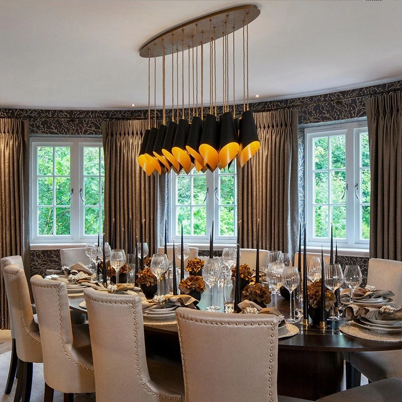 Modern Multi Drop Cone Chandelier Black  Gold Cascading Pendant Light Cluster Hanging Lamp for Dining Room Living Room