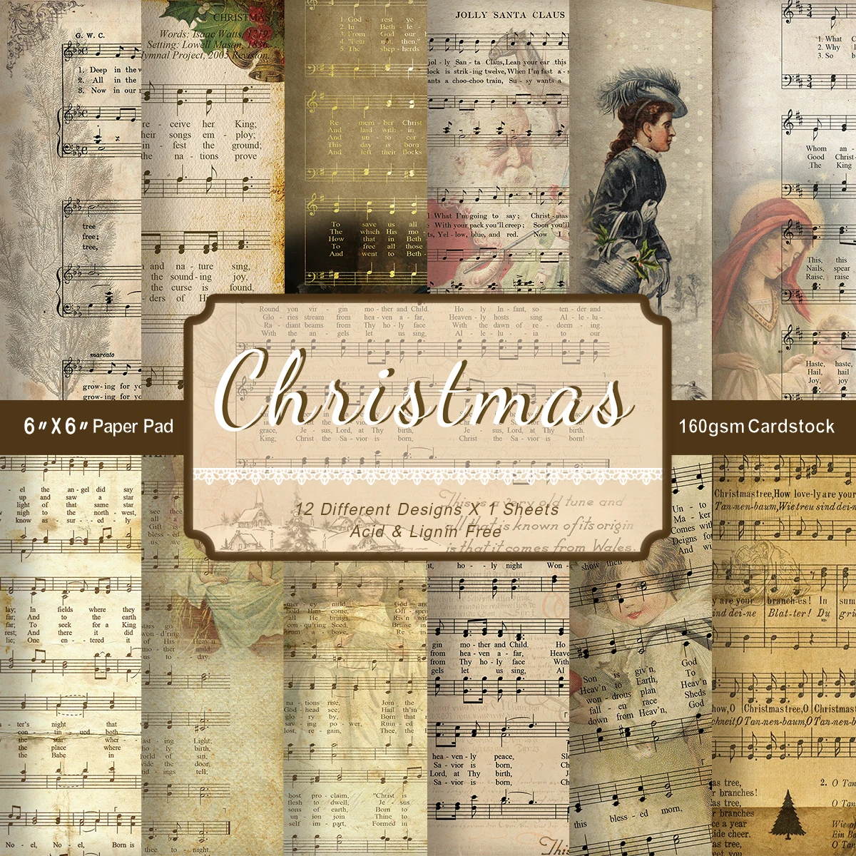 12 Stück Retro Weihnachten Old Music Sheet Scrapbook Papier, dekoratives Bastelpapier für Journal Hintergrund Grußkarte Weihnachtsdekoration