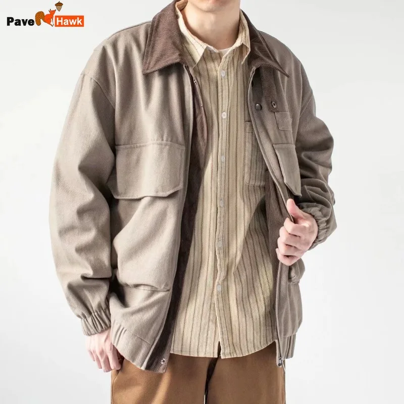

Big Pocket Bomber Jacket Men Women Vintage Spring Autumn Windbreaker Coat Japanese Zipper Patchwork Loose Cargo Outwear New