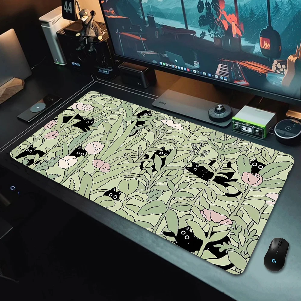 Kawaii Black cat Green plants Mousepad Xxl Anime Pc Gamer Desk Mat New Keyboard Carpet Computer Gaming Accessories HD mouse pad