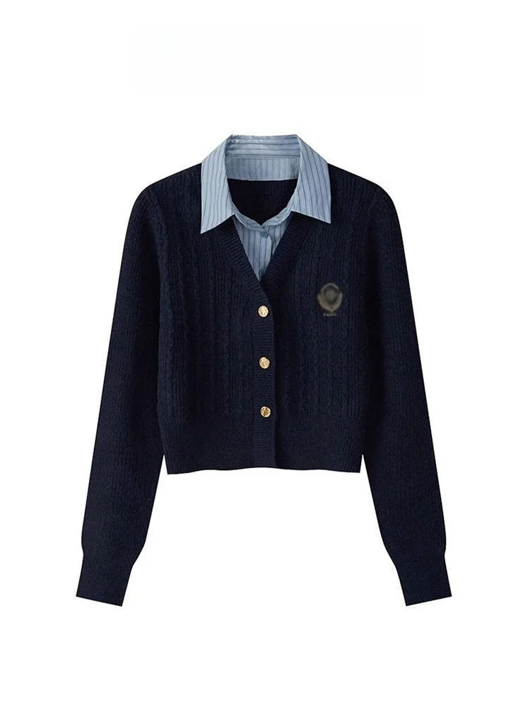 

Вязаный длинный свитер для колледжа, женский осенне-зимний свитер New England Design Sense, искусственный топ из двух предметов