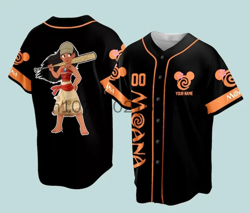 New Disney Moana Princess Baseball Jersey Outdoor Sports Style Casual Jersey Men\'s and Women\'s Custom Name T-shirt