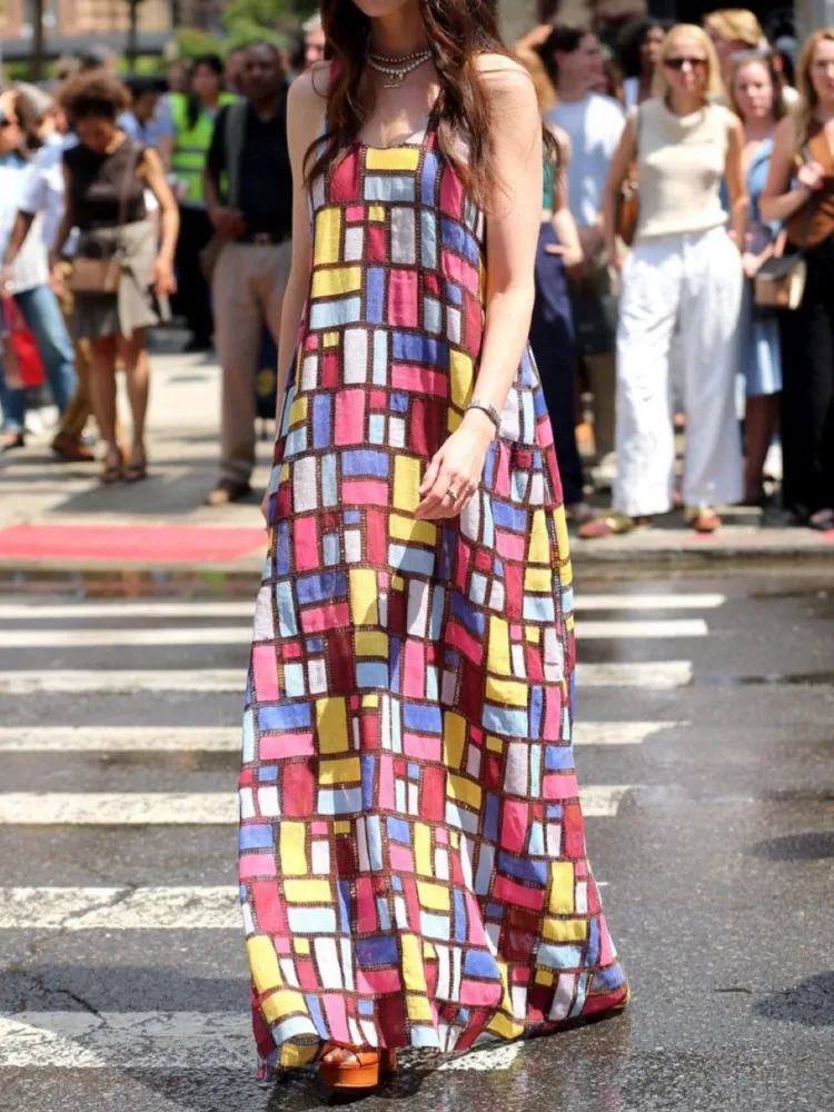 2026 frühling Sommer Neue Strand Urlaub Kleid frauen Mode Bunte Gedruckt Rundhals Ärmellose Lose bodenlangen Langen rock