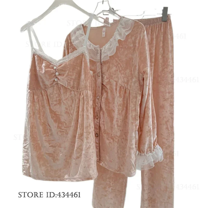 

Сексуальное кружевное нижнее белье, брючные костюмы, велюровая домашняя одежда во французском стиле, женские пижамы, комплект из 3 предметов, одежда для сна, осенняя бархатная домашняя одежда