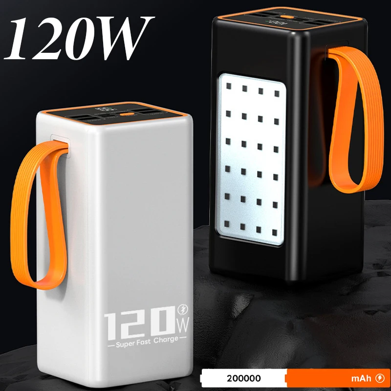 New Power Bank 200Ah Portable PD High Capacity 120W Fast Charger Power Bank External LED for iPhone Laptop Camping Flashlight