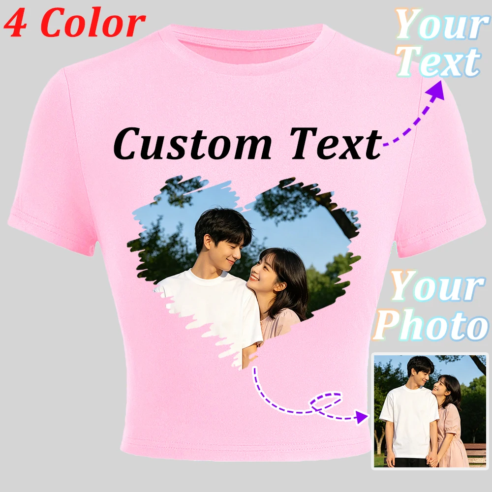 Personalisiertes, individuelles T-Shirt mit Paar- und Familienfoto für Damen, Sommer, bequem, trendiges Crop-Top, schmale, enge Kleidung, weiches Y2K-Jugend-T-Shirt