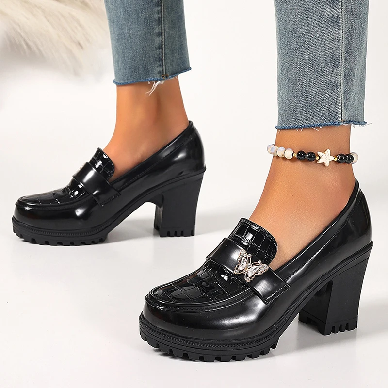 Mocassins à talons hauts papillon en cristal pour femmes, grande taille 42, escarpins à plateforme à enfiler, chaussures en cuir PU à talon épais tendance pour femmes