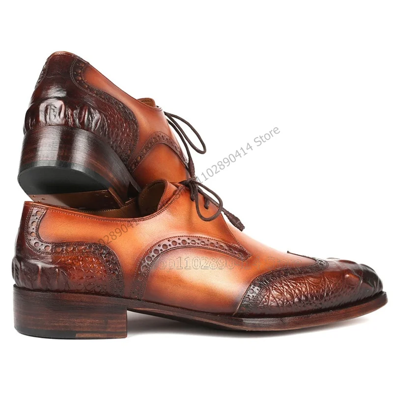 Brown Gradient Color Crocodile Fretwork Men Derby Shoes Fashion Lace Up Men Shoes Luxury Handcraft Party Banquet Men Dress Shoes