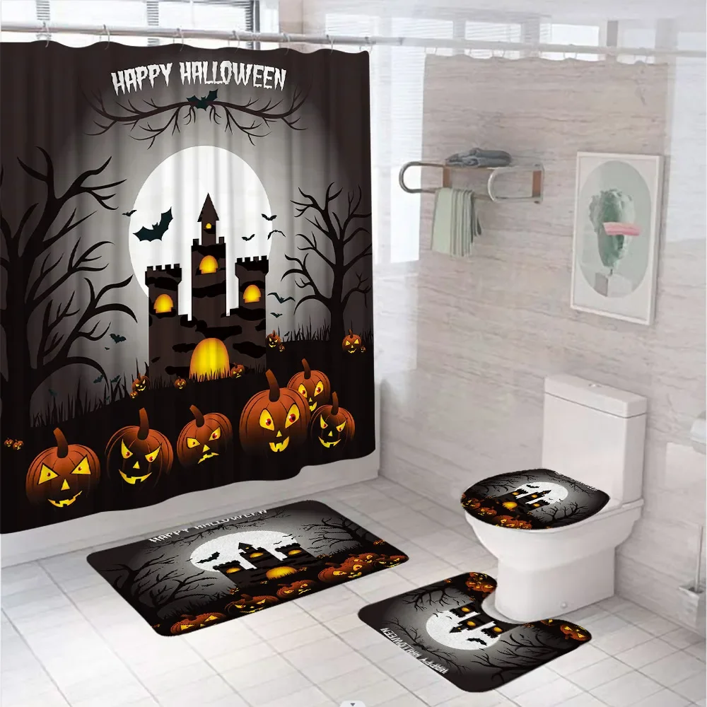 4Pcs Scary Halloween Castle Shower Curtain Sets Non-Slip Rug Toilet Cover Bath Mat Cartoon Bat Full Moon Cat Kids Bathroom Decor