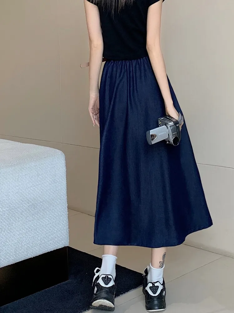 S-XL 2Colors Summer Long Denims Skirt 2024 korean style High Waist Ball Grown A Line Midi Long Jean Skirt Style+belt (L7117