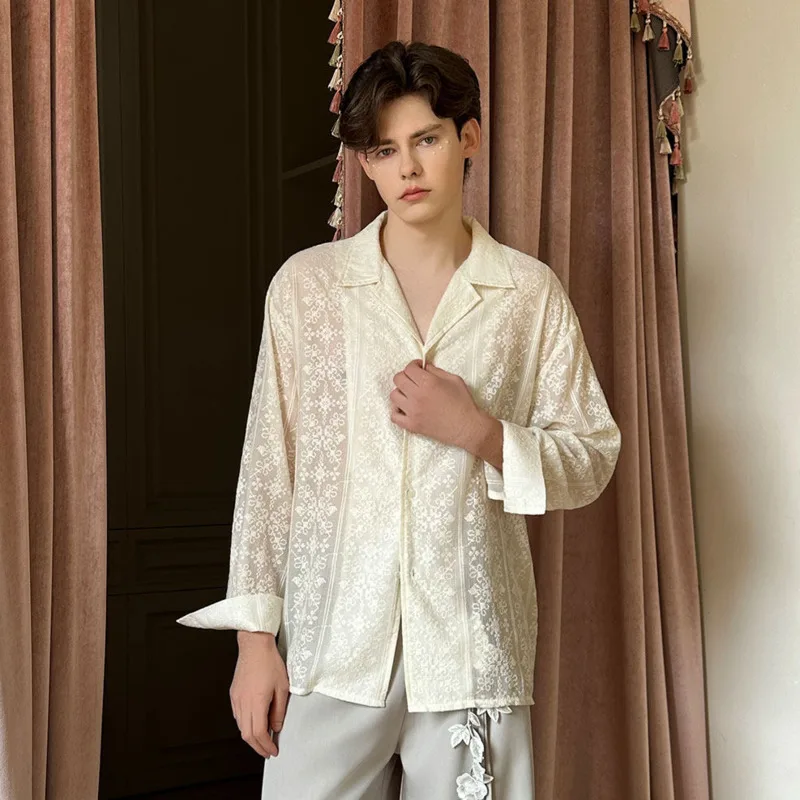 WVGA Summer New Men Light Luxury High-End Lace Hollow Out Long Sleeved Shirt Loose Niche Chic Casual See-Through Tops Ins W24741