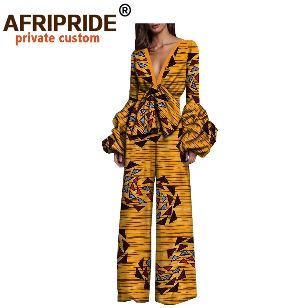 African Casual Jumpsuit for Women AFRIPRIDE Full Puff Sleeve Deep V-neck Women Cotton Jumpsuit with Sashes In Front A1829001