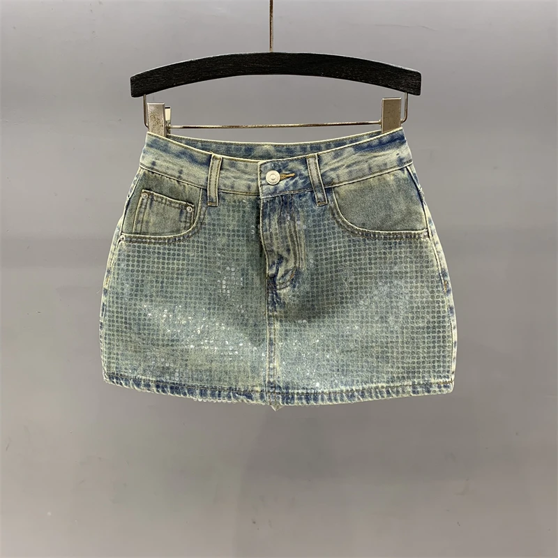 [Zoci] elegante transparente Pailletten Denim Midi Frauen 2024 Sommer neue sexy heiße Mädchen A-Linie Hüfte umarmt kurzen Rock