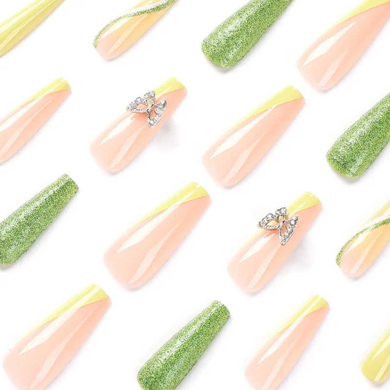 24 قطعة أظافر صناعية طويلة باليه حافة خضراء فرنسية لامعة ثلاثية الأبعاد على شكل فراشة يمكن ارتداؤها مانيكير اضغط على الأظافر الصلبة #3