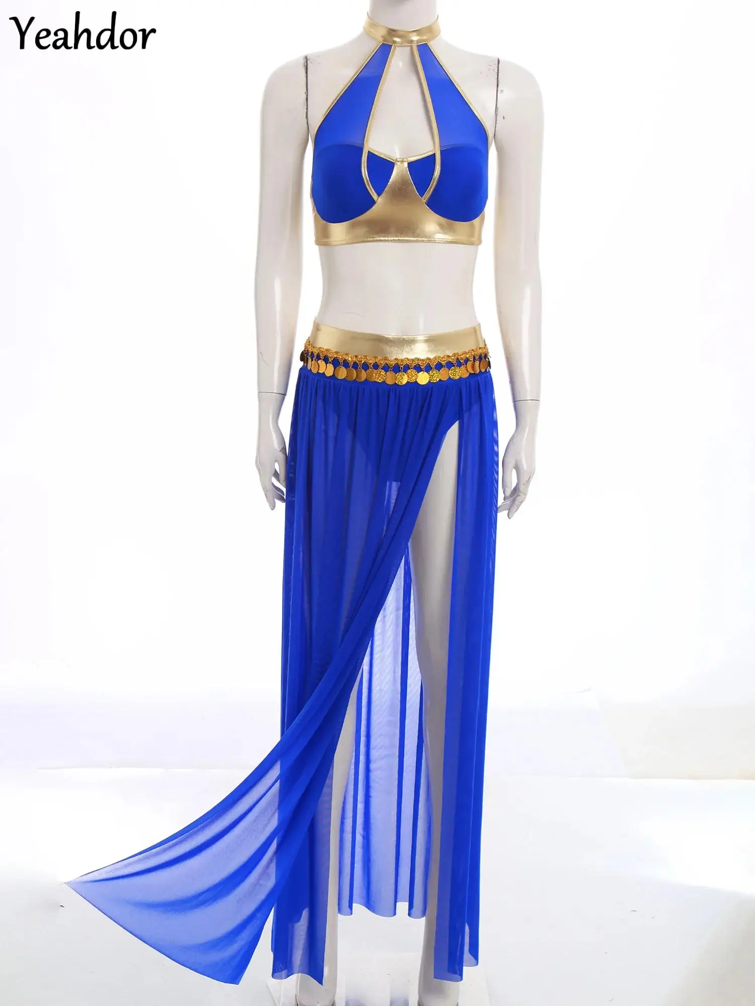 

Women Belly Dance Outfits Ancient Roman Egyptian Cleopatra Cosplay Costume Halter Crop Top And Metallic Tassel Split Mesh Skirt
