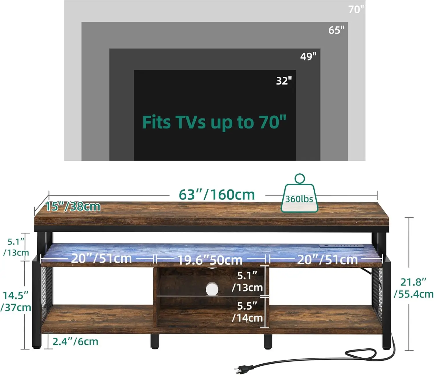 LED Television Stands w/Power Outlets for 70/65 inch, Modern Industrial TV Stand, Entertainment Center w/Open Storage