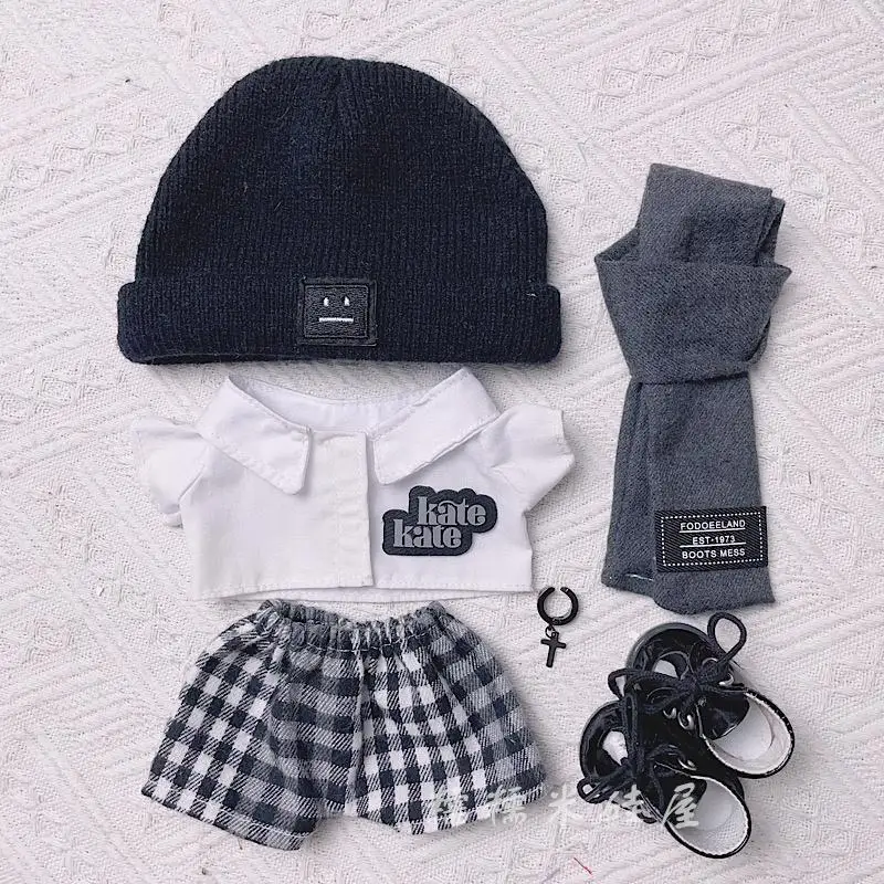 

20CM Doll Clothes Cool Letter Scarf Shirt Plaid Pants Set Stylish Outfit for Dress-up Game