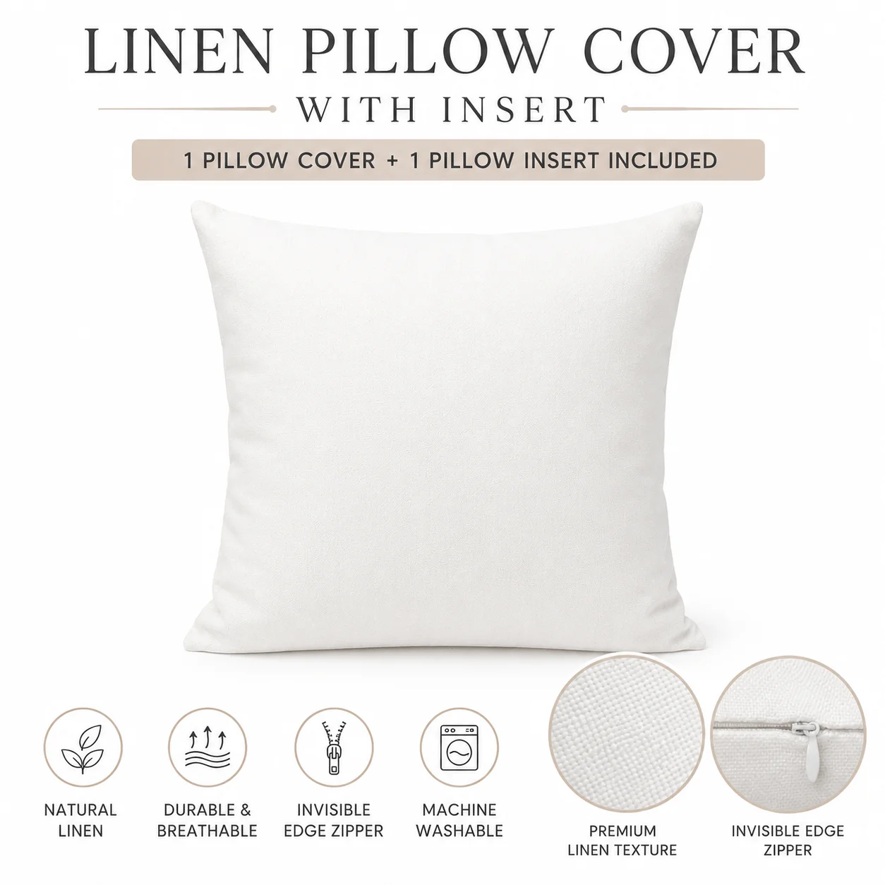 1PC 45x45cm White Linen Sublimation Pillow with Insert, Blank Heat Transfer Cushion with Hidden Edge Zipper for DIY Crafts