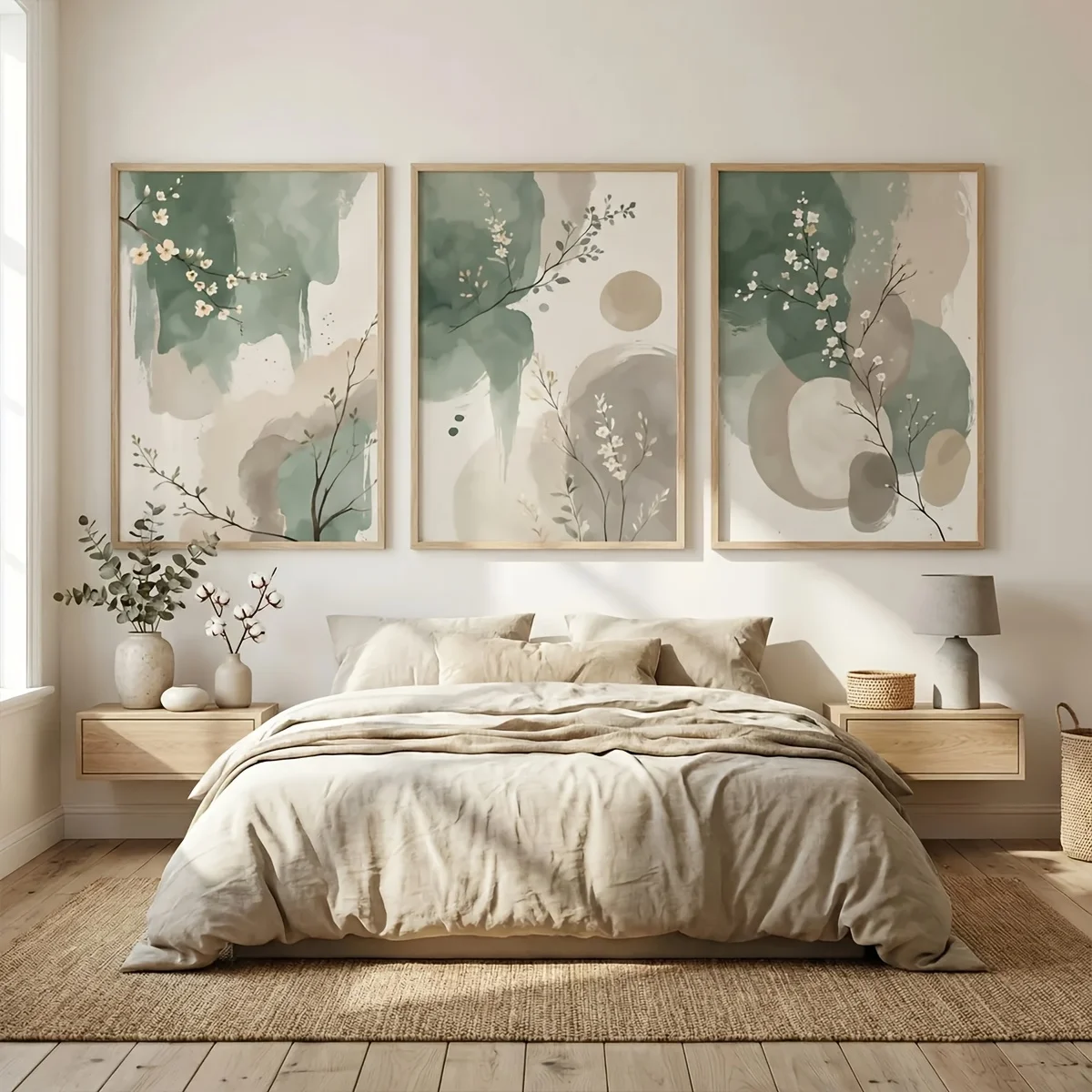 3pcs Japanese-Style Plant Canvas Wall Art Frameless Abstract Watercolor Sage Green & Beige Leaf Canvas Poster for Bedroom Decor view 6