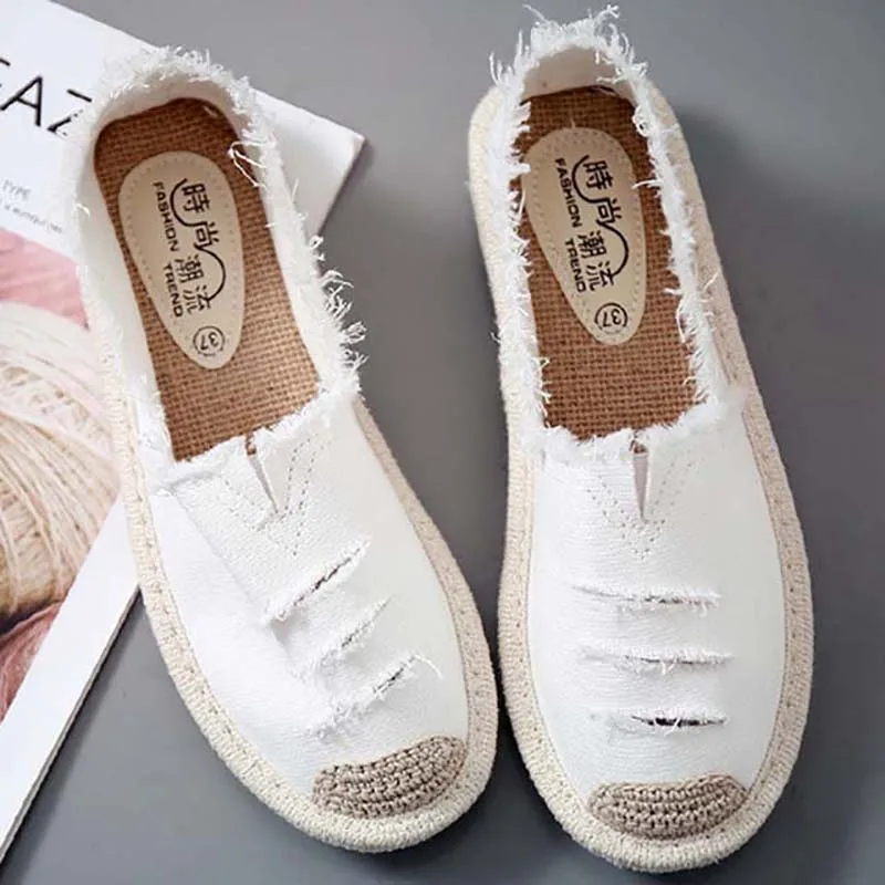 Womens Flat Slip On Canvas Summer Strap Loafers Straw Espadrilles 2022 Ladies Casual Comfort Ripped Slip On Lazy Shoes Female