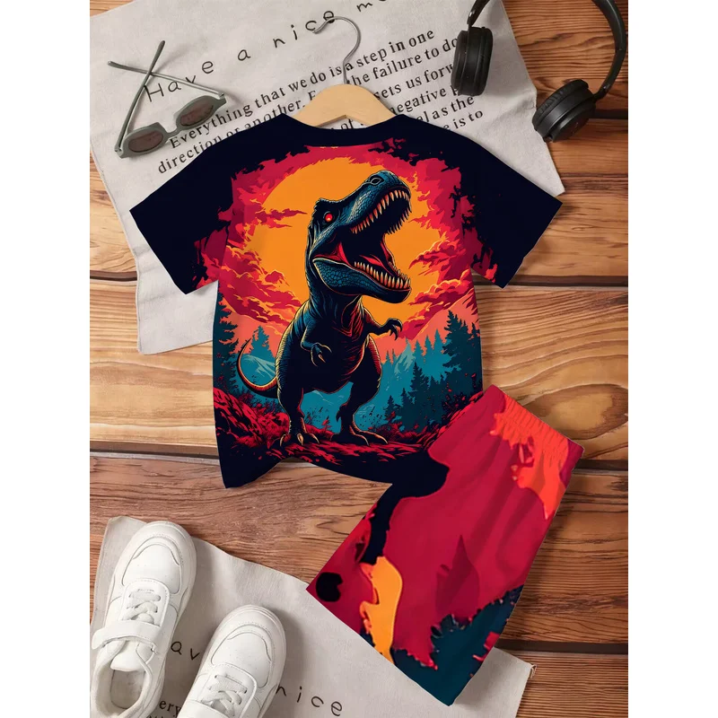 Boy Cute Cartoon Dinosaur Pattern 3D Printed T-Shirt And Shorts Set Short Sleeve Top And Shorts T-Shirt Set