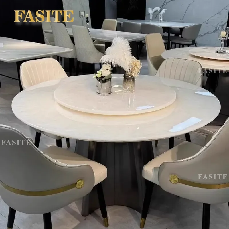For White Ice Jade Natural Luxury Stone Round Dining Table and Chairs Set with Turntable Marble High End Villa Large