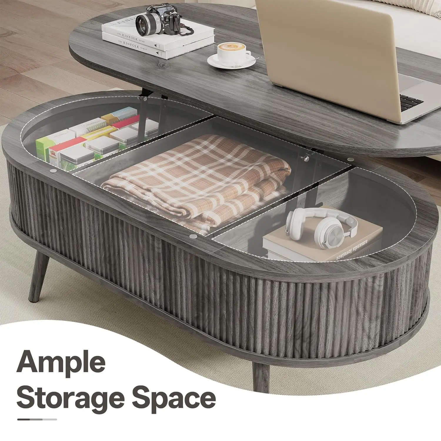 Oval Coffee Table With Storage, Fluted Coffee Table With Lift Top, Small Coffee Tables With Storage, Mid Century Modern Center T