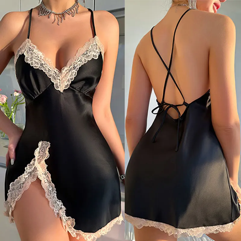 スパゲッティストラップシルクナイトガウン夏パジャマショートパジャマ無地刺繍ブラジャー分割裾デザイン女性のナイトドレス