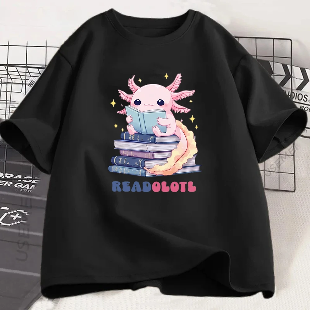 Readolotl Axolotl Graphic T-shirt Kawaii Book Lover Print Tee Summer Short Sleeve Casual Reading Fashion Top for Women