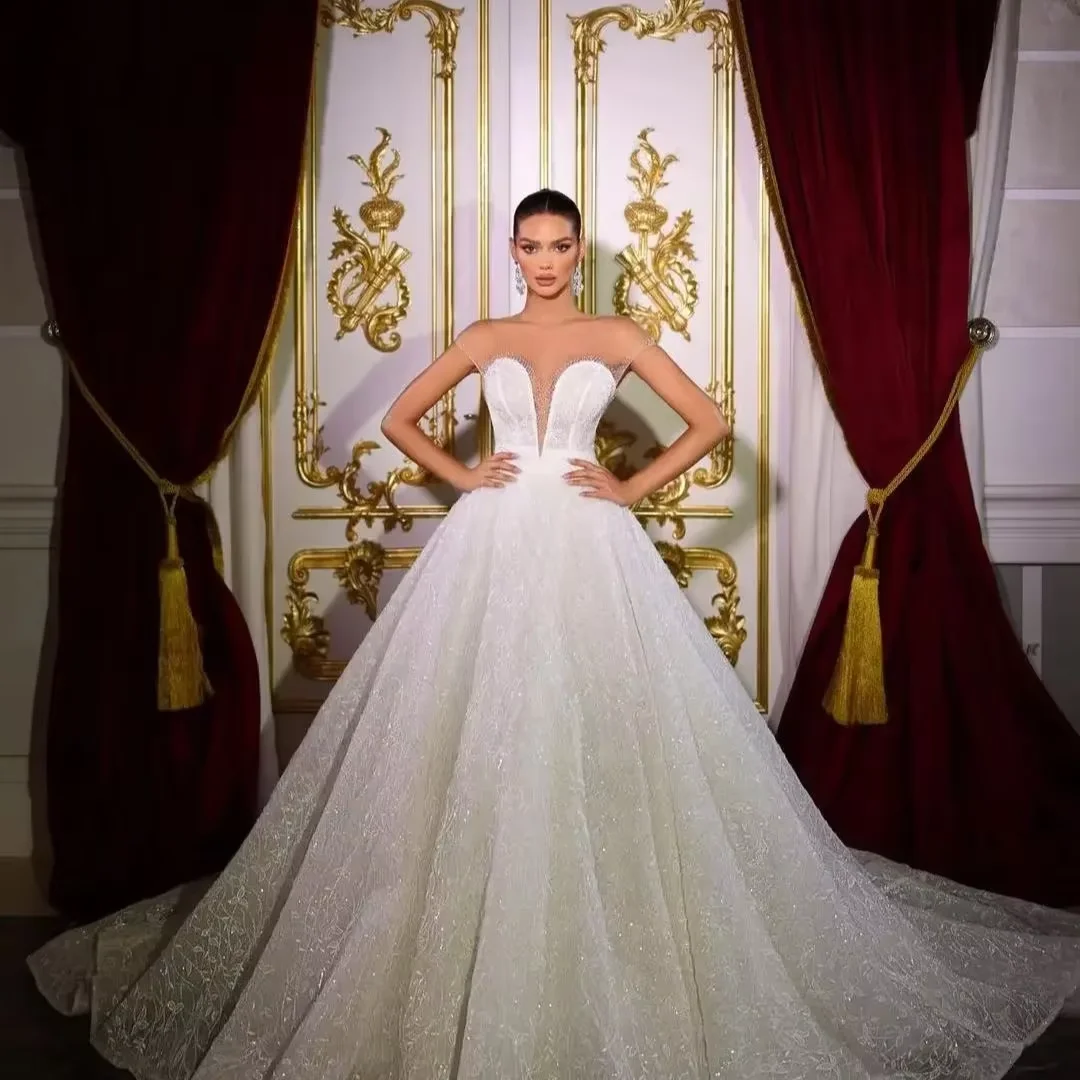 Customized Luxurious Ball Gown Sleeveless Sexy Wedding Dresses Sequins Lace Appliques Buttons Bridal Gowns свадебное платье