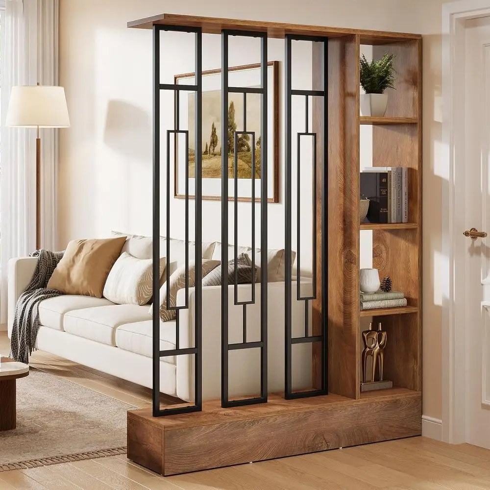 

70.9 Tall Freestanding Room Divider with Display Shelves, Sturdy Base for Home and Office (Brown & Black, 47.2 W x 11.8 D)