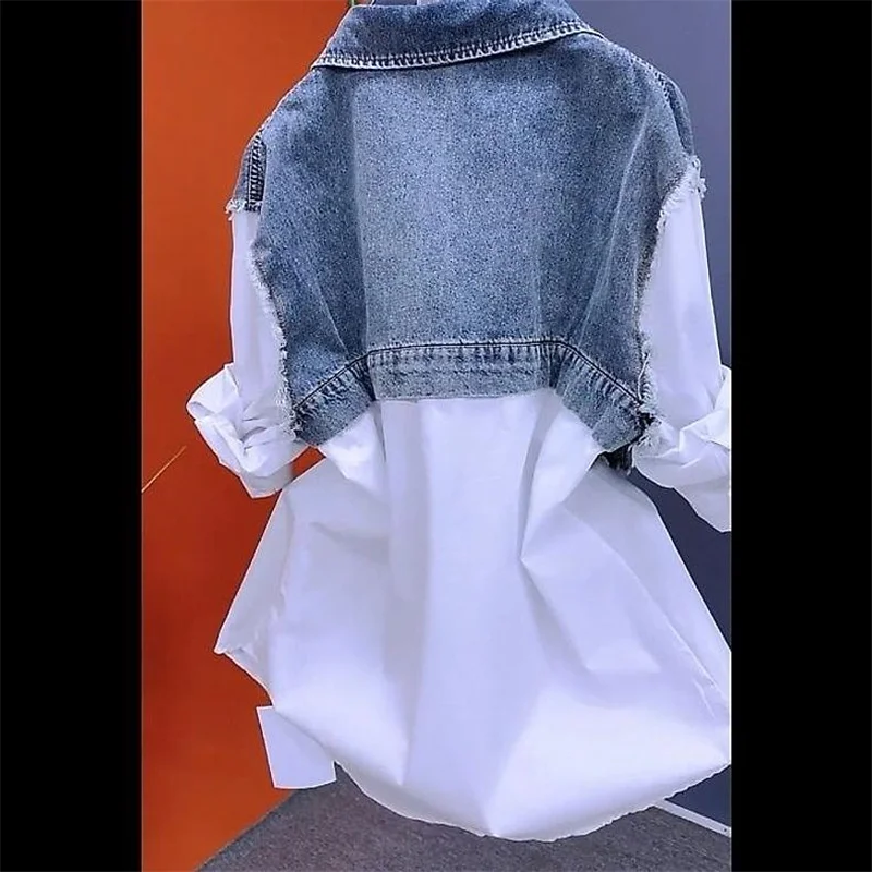 Long Short fake two-piece Fashion Striped Denim Jacket 2024Women\'s Spring/Summer Stitching Women Jackets Temperament Coat jacket