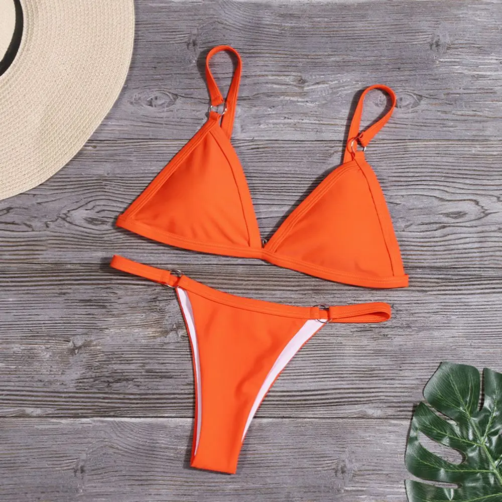 Ladies Sexy Solid Color Sling Bikini Set Metal Buckle Decorated Brazilian Swimwear Beach Vacation Split Swimwear - Image 2