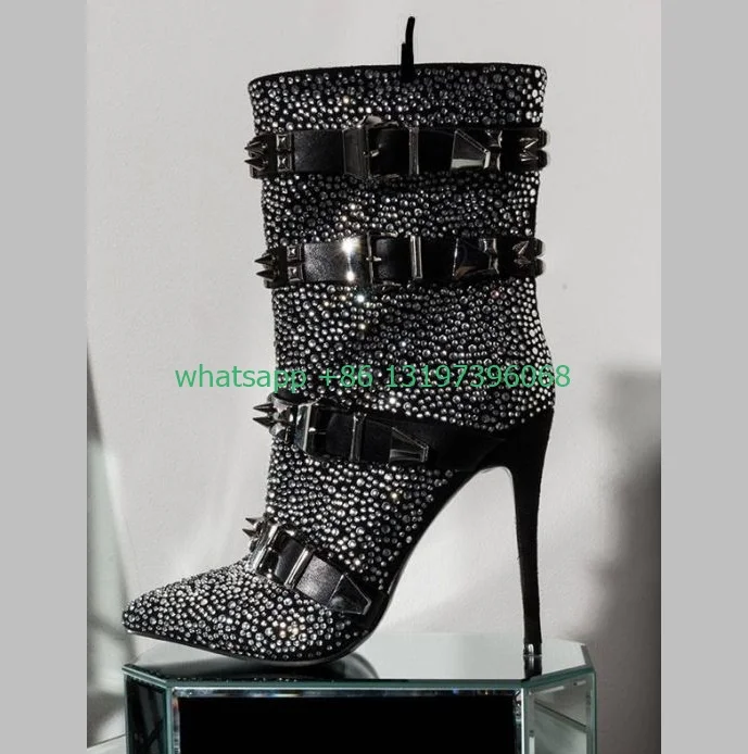 Lady stud design rhinestone ankle boots footwear size 35-46 pointed toe buckle design stiletto heel dress boots bling punk style